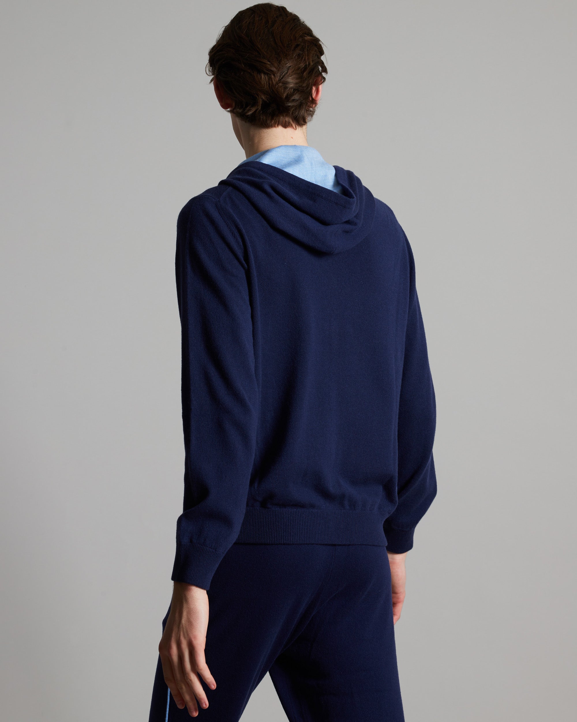 Felpa Zip con cappuccio in kid cashmere blu navy