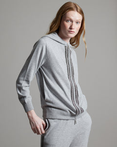 Grey Kid Cashmere hoodie with sparkling embroidered bands