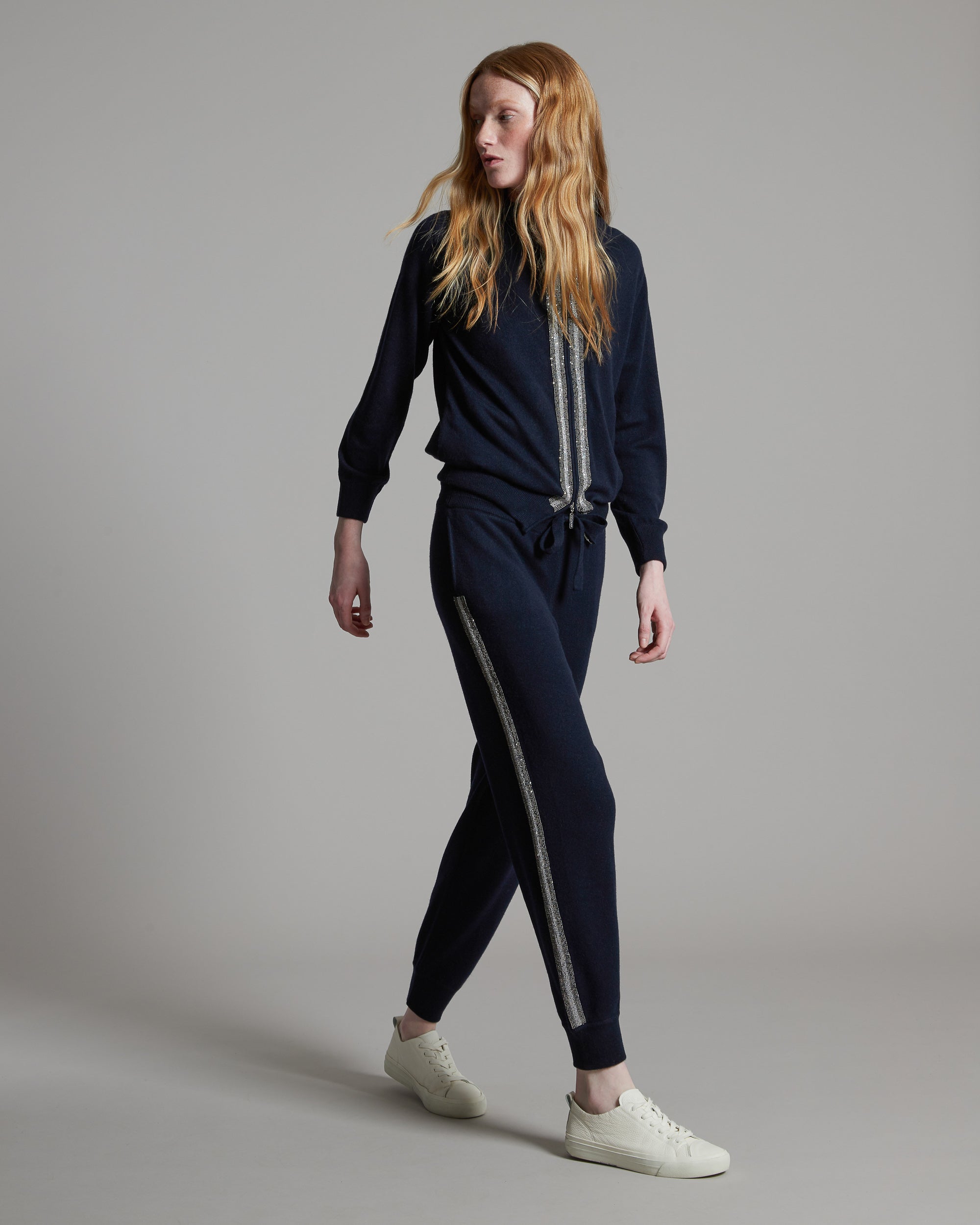 Navy blue Kid Cashmere hoodie with sparkling embroidered bands 3