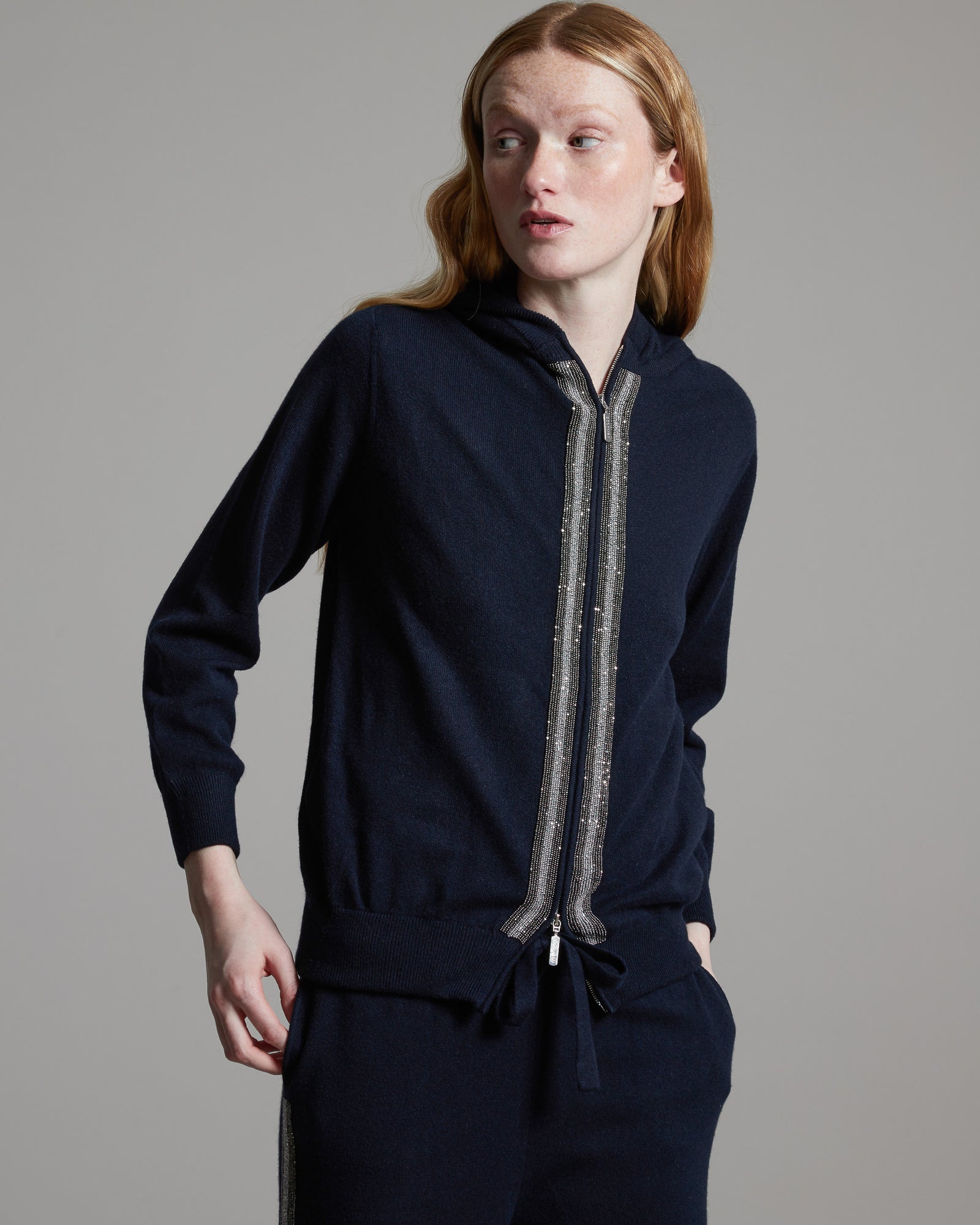 Navy blue Kid Cashmere hoodie with sparkling embroidered bands 2