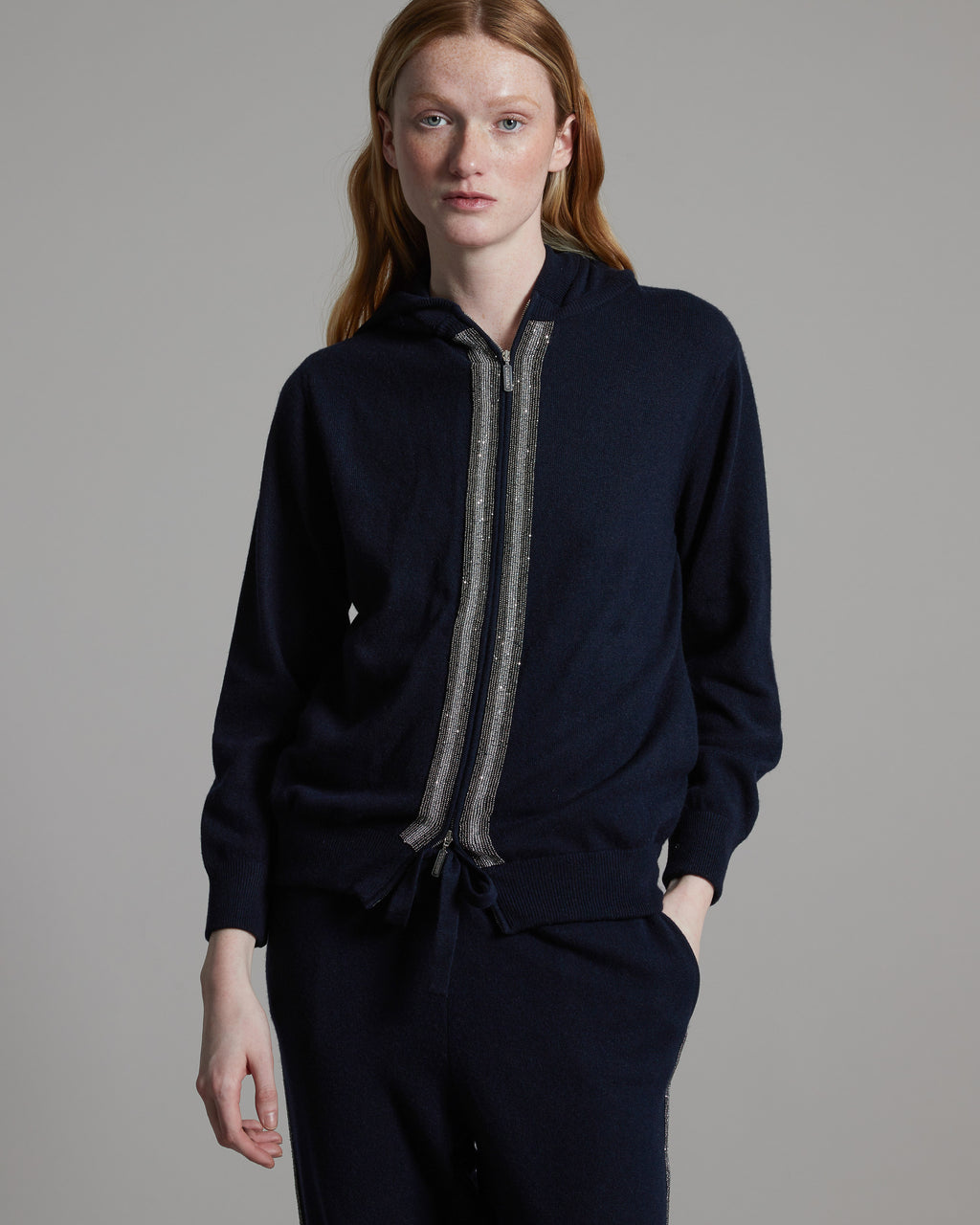 Navy blue Kid Cashmere hoodie with sparkling embroidered bands
