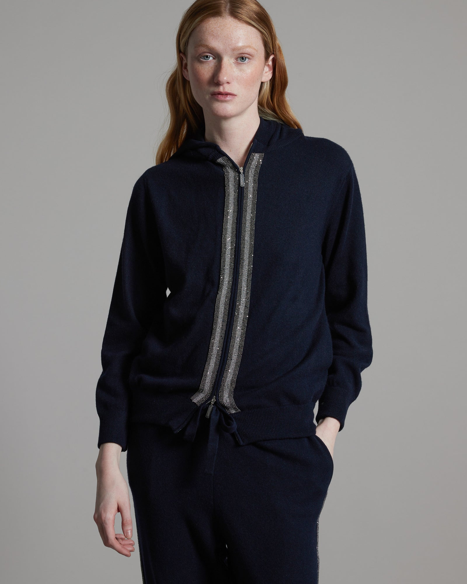 Navy blue Kid Cashmere hoodie with sparkling embroidered bands