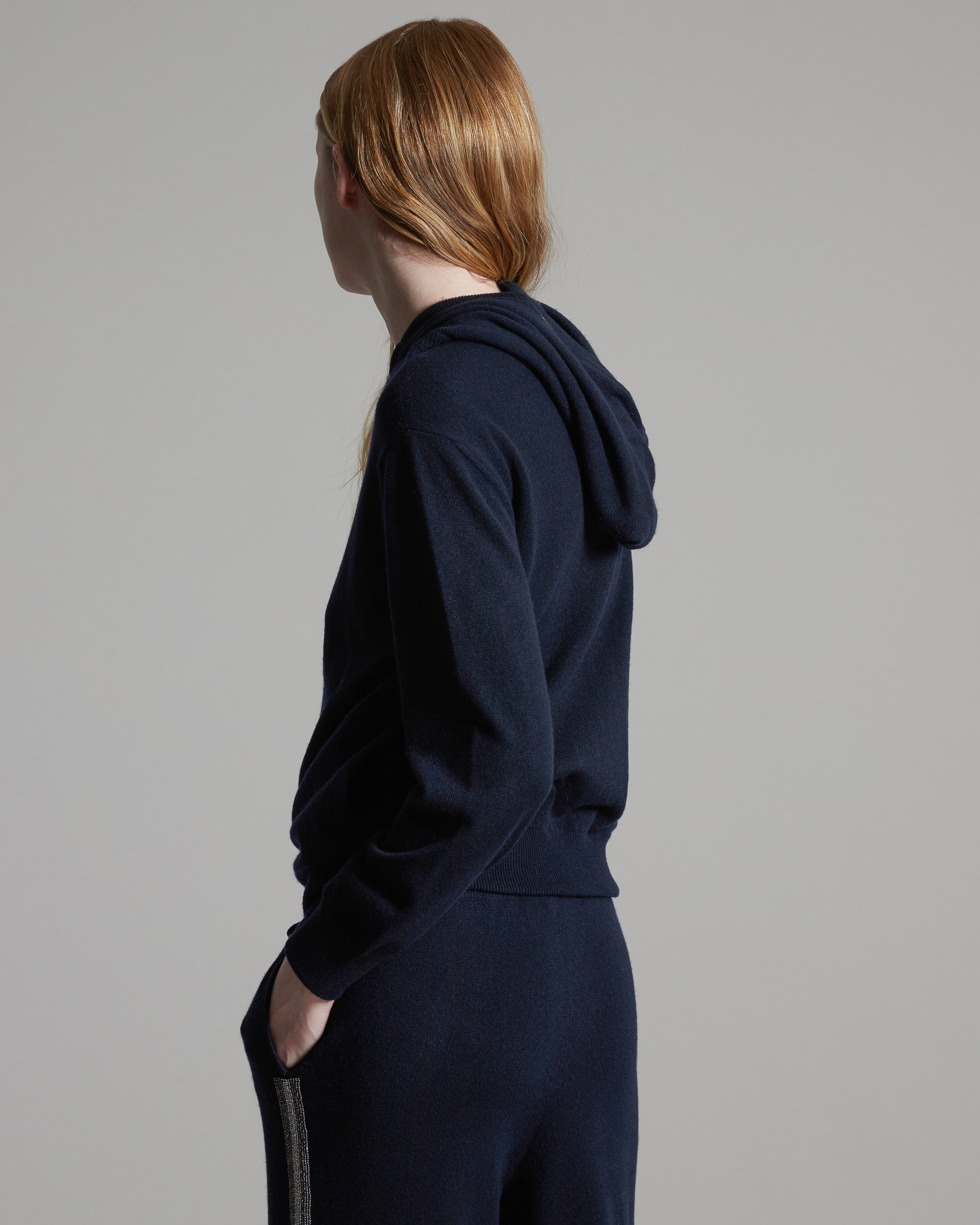 Navy blue Kid Cashmere hoodie with sparkling embroidered bands