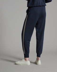 Pantalone jogging blu in Kid Cashmere con fasce di punti luce