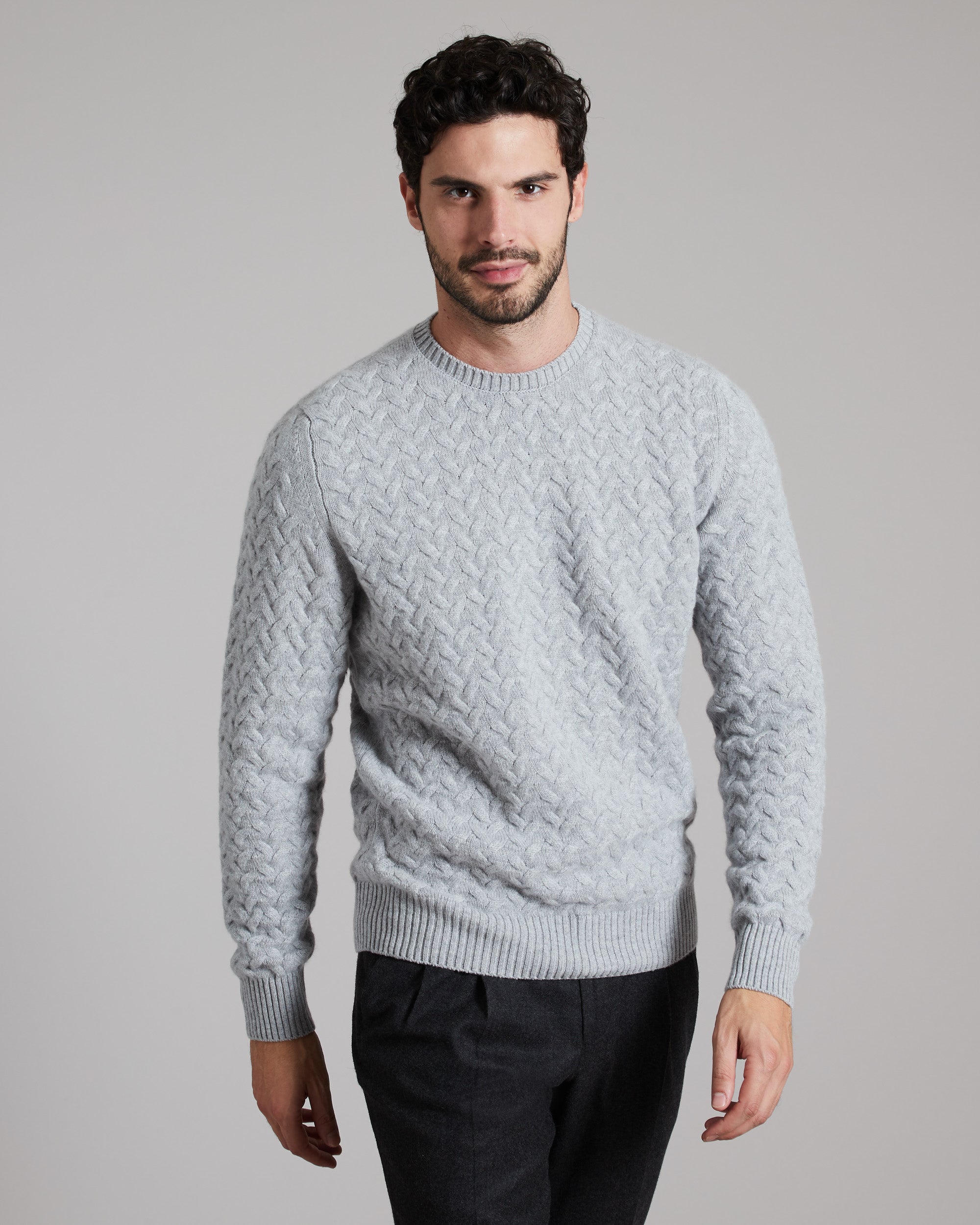 Grey three dimensional round-neck sweater in Kid Cashmere 2