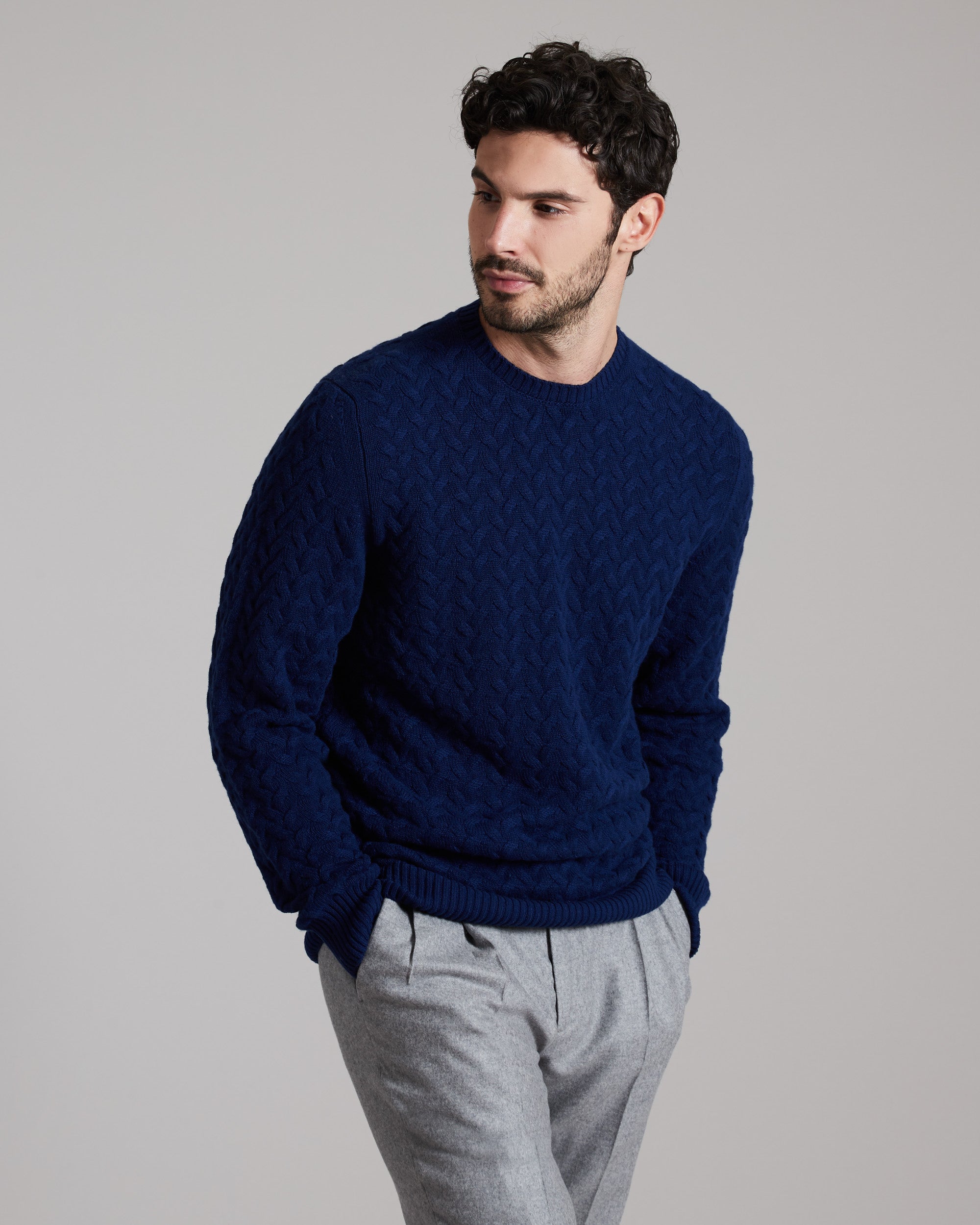 Blue three dimensional round-neck sweater in Kid Cashmere 2