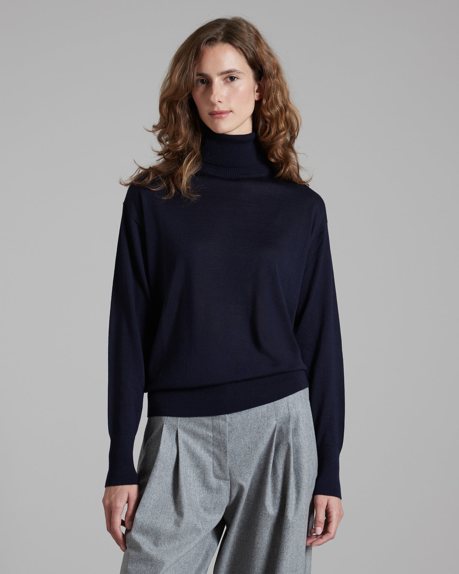 Blue cashmere and silk turtleneck sweater