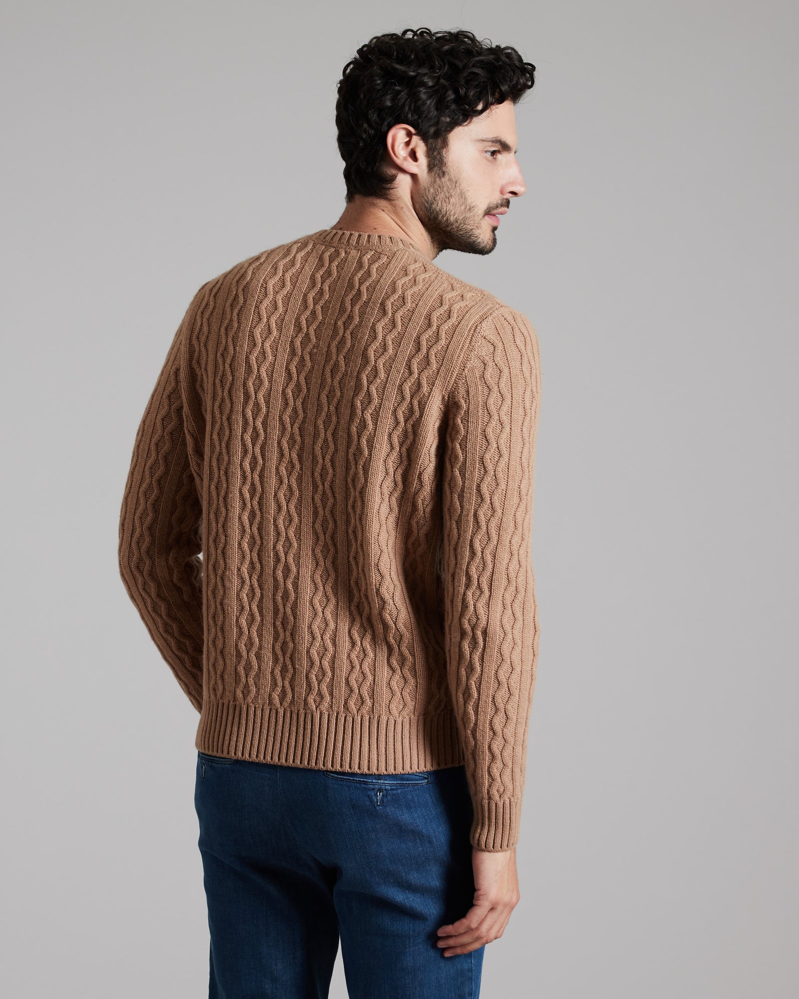 Light brown three dimensional round-neck sweater in Kid Cashmere