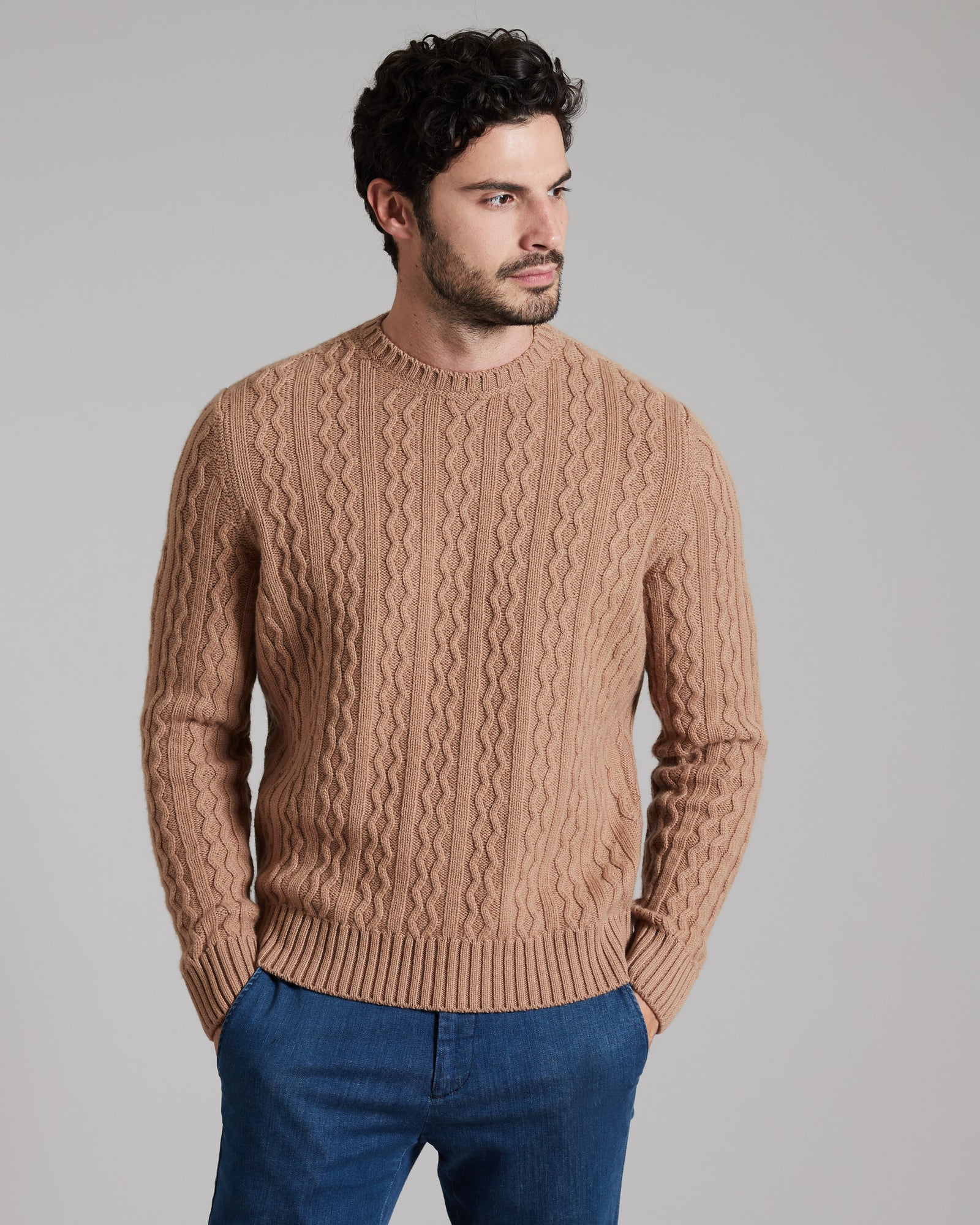 Light brown three dimensional round-neck sweater in Kid Cashmere