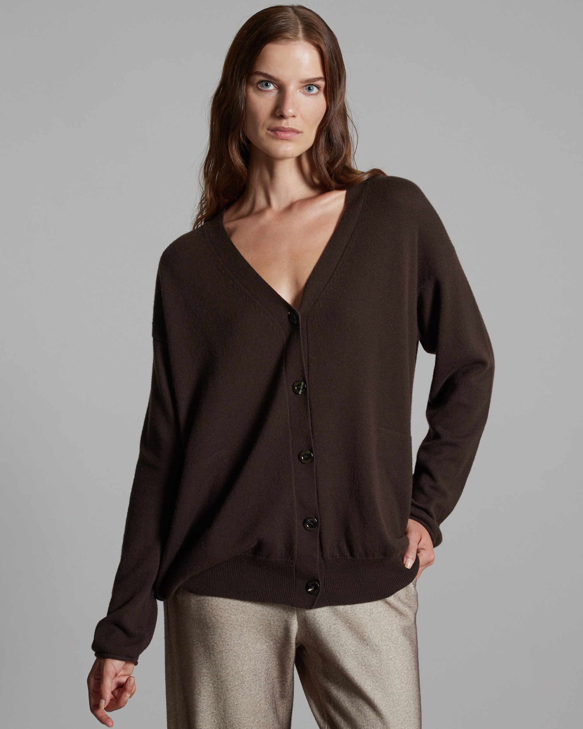 Brown kid cashmere V-neck cardigan