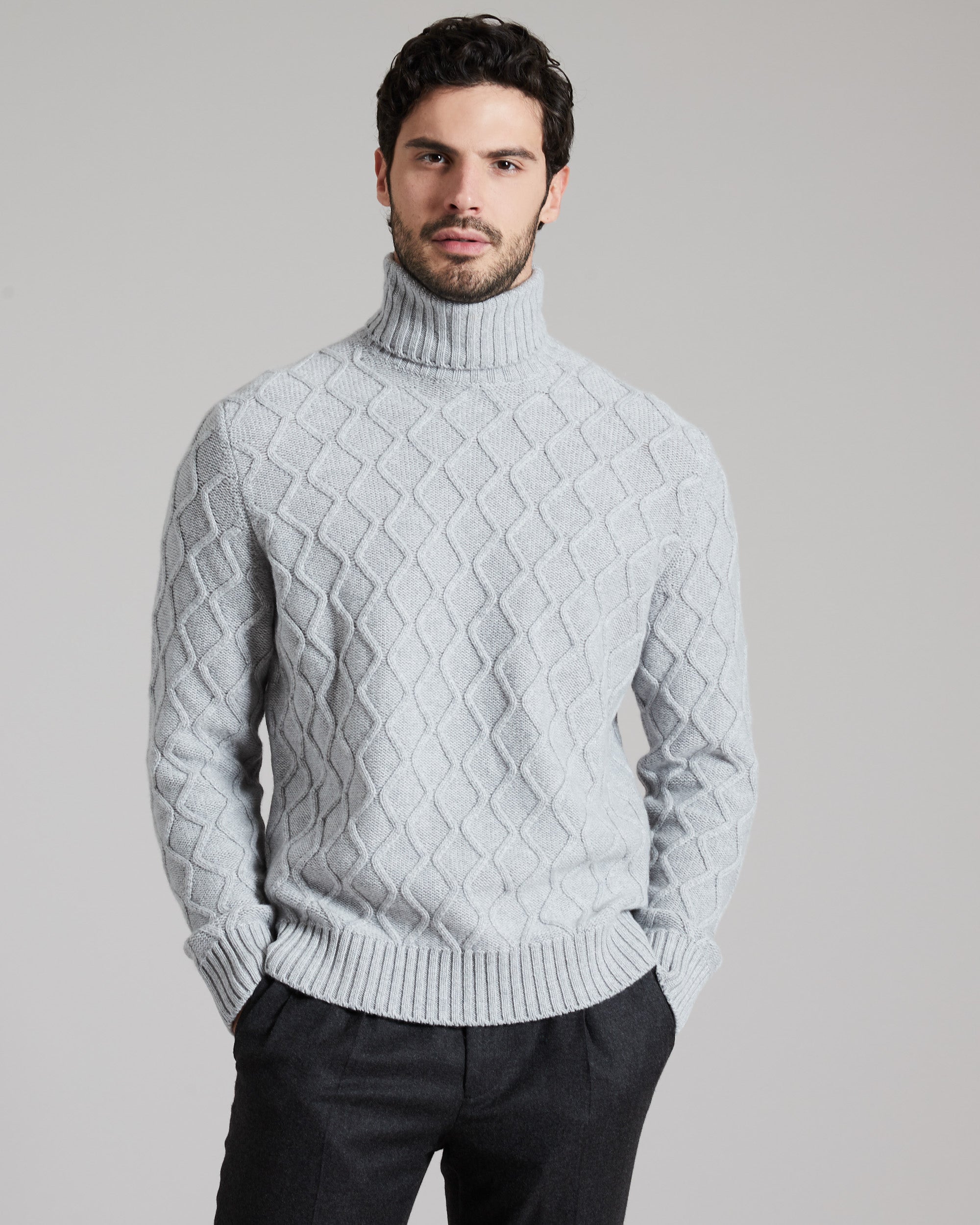 Grey three dimensional turtle-neck sweater in kid cashmere 2