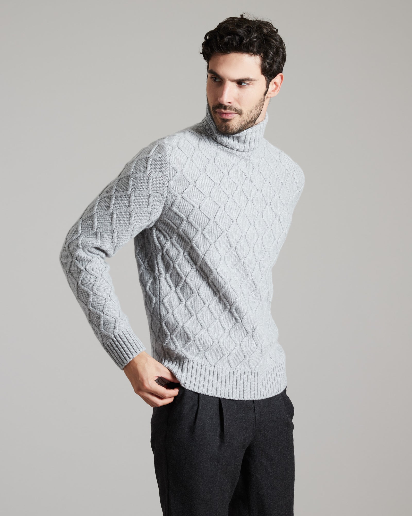 Grey three dimensional turtle-neck sweater in kid cashmere