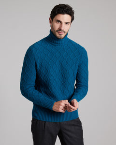 Blue three dimensional turtle-neck sweater in kid cashmere