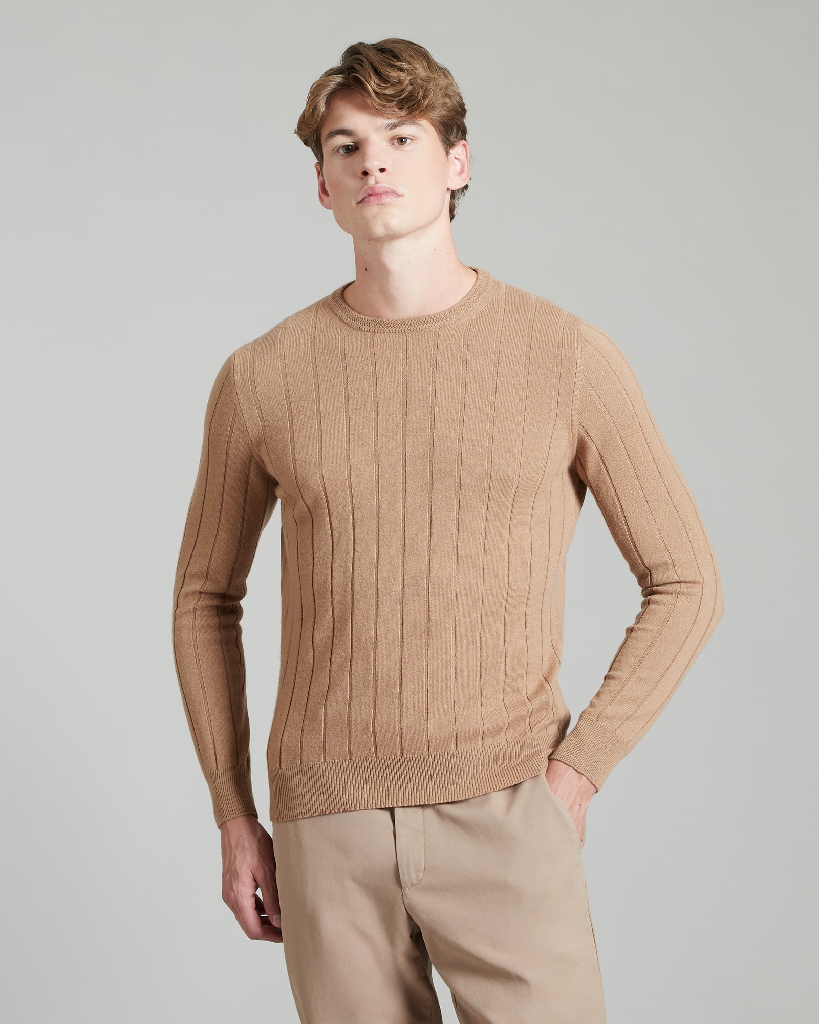 Beige kid cashmere Ribbed crew neck sweater