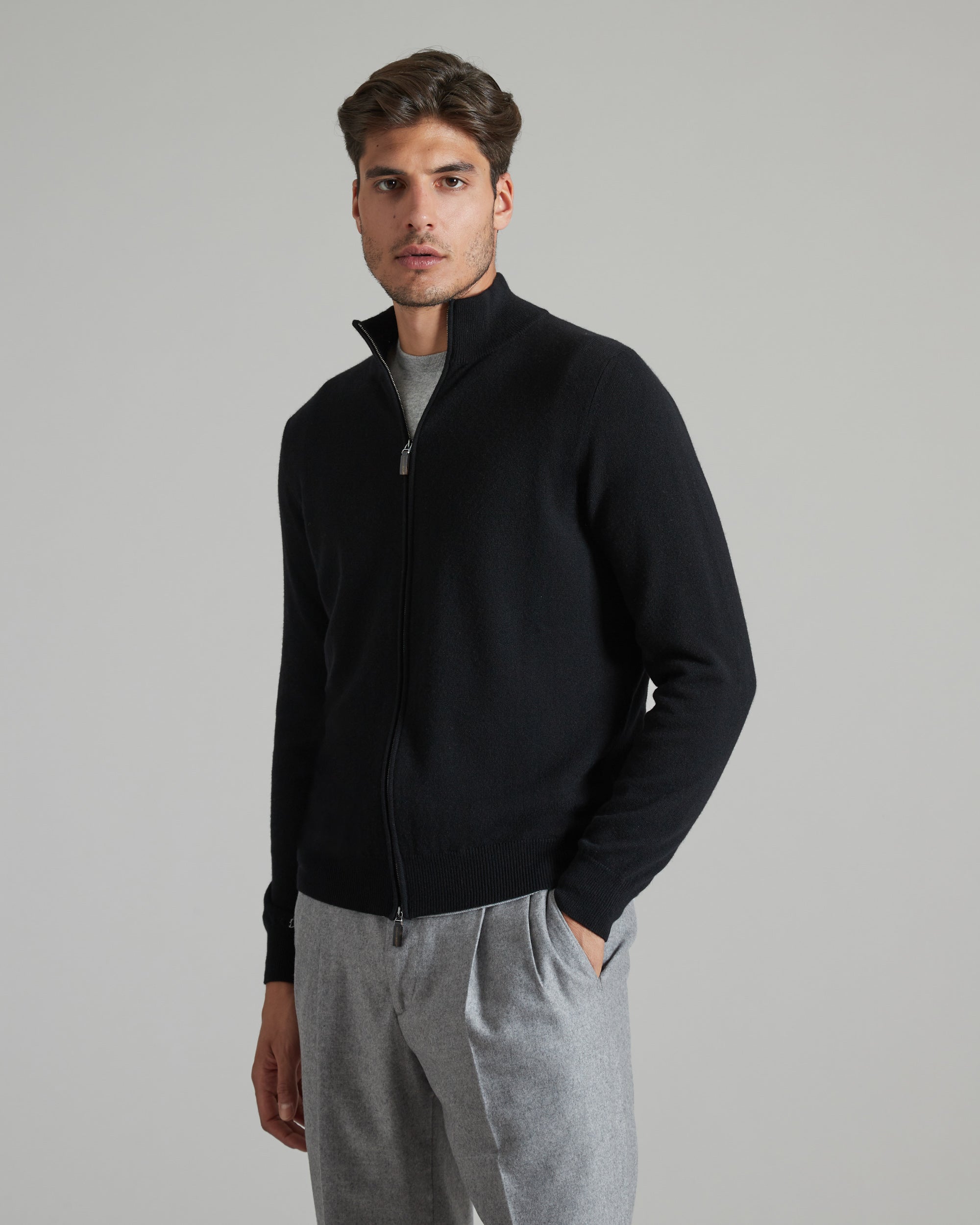 Zipped Black Kid cashmere cardigan