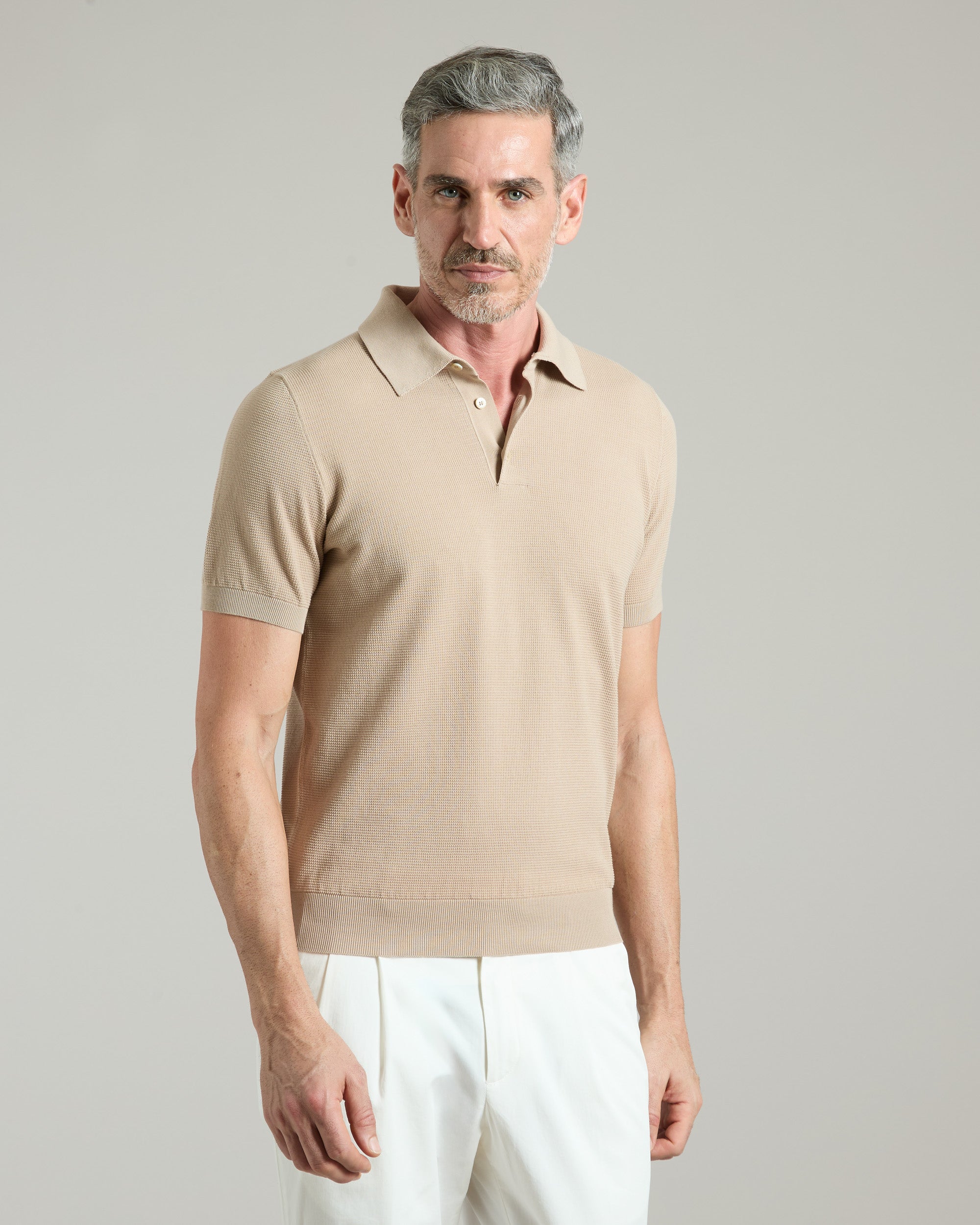 Beige cotton 3D stitch polo shirt