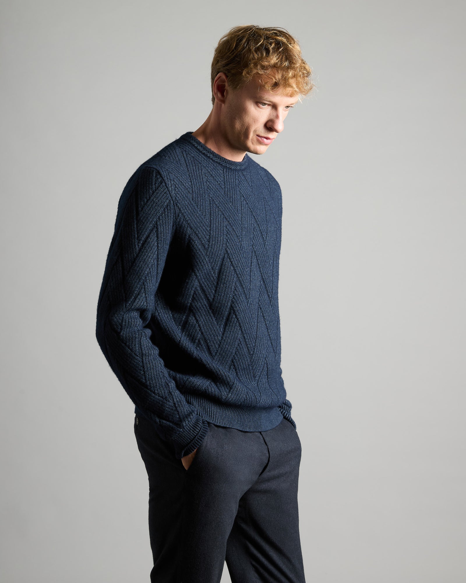 Wave stitch crew neck Sweater Blue in Kid Cashmere
