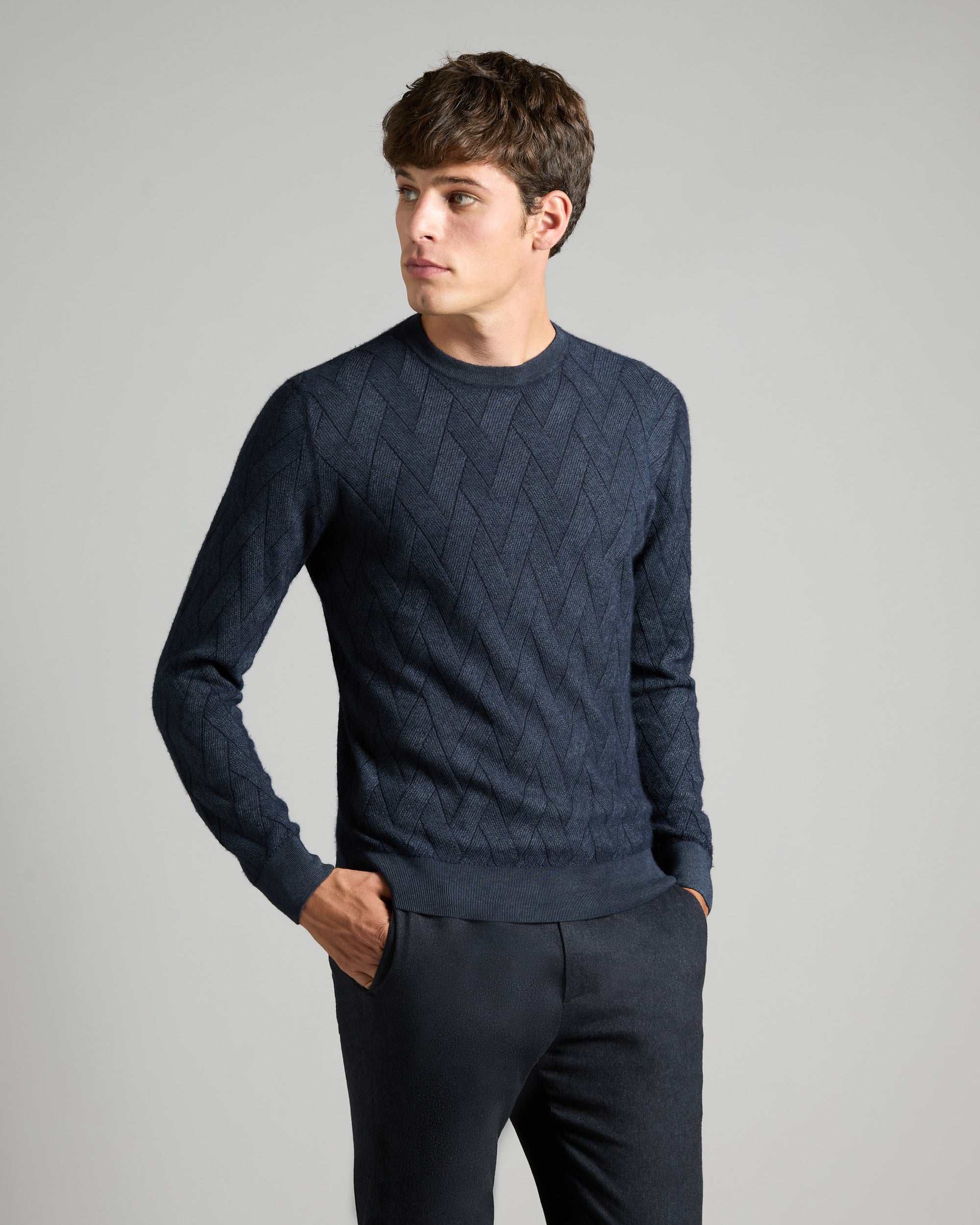 Blue Wave stitch crew neck sweater in cashmere and silk
