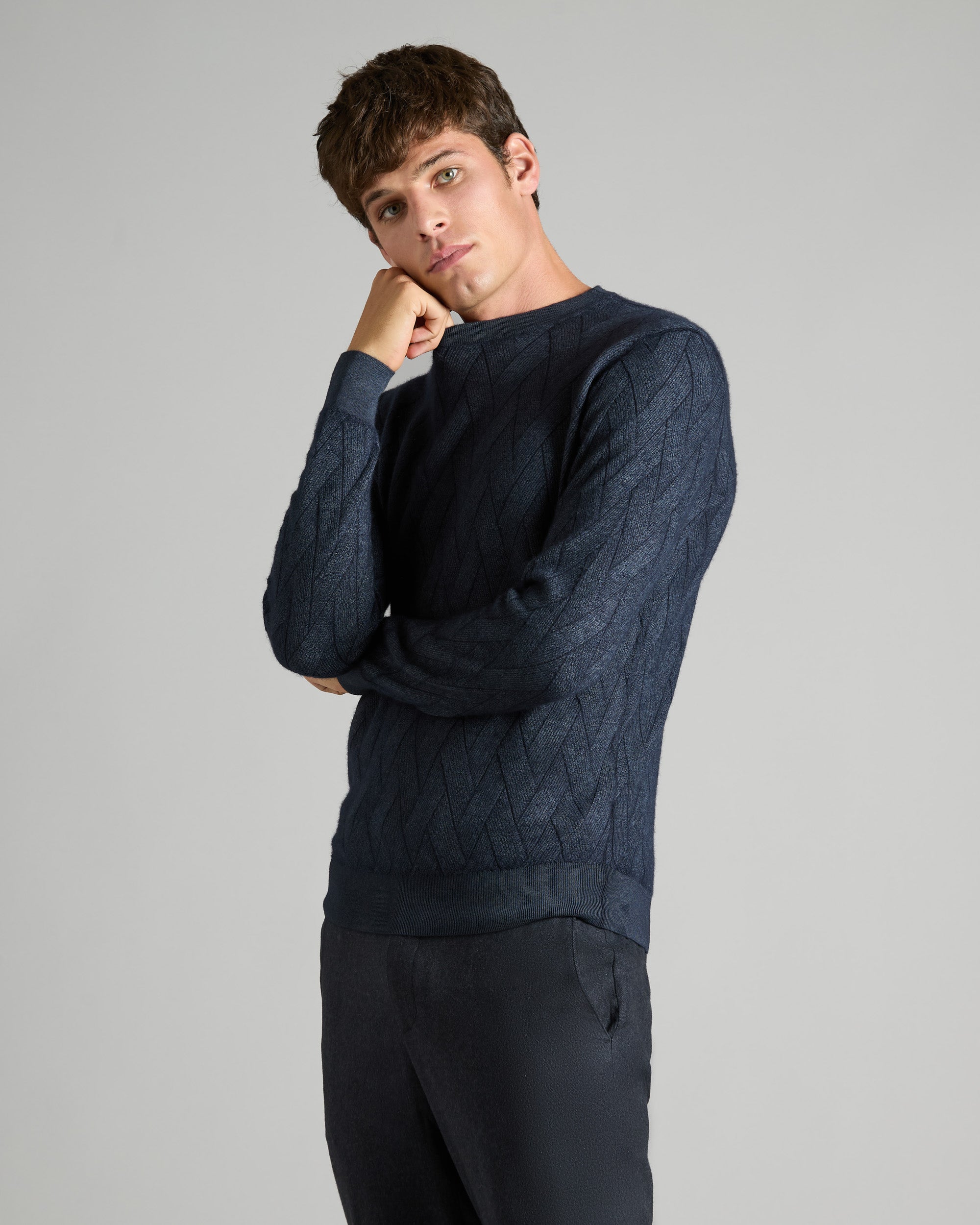 Blue Wave stitch crew neck sweater in cashmere and silk