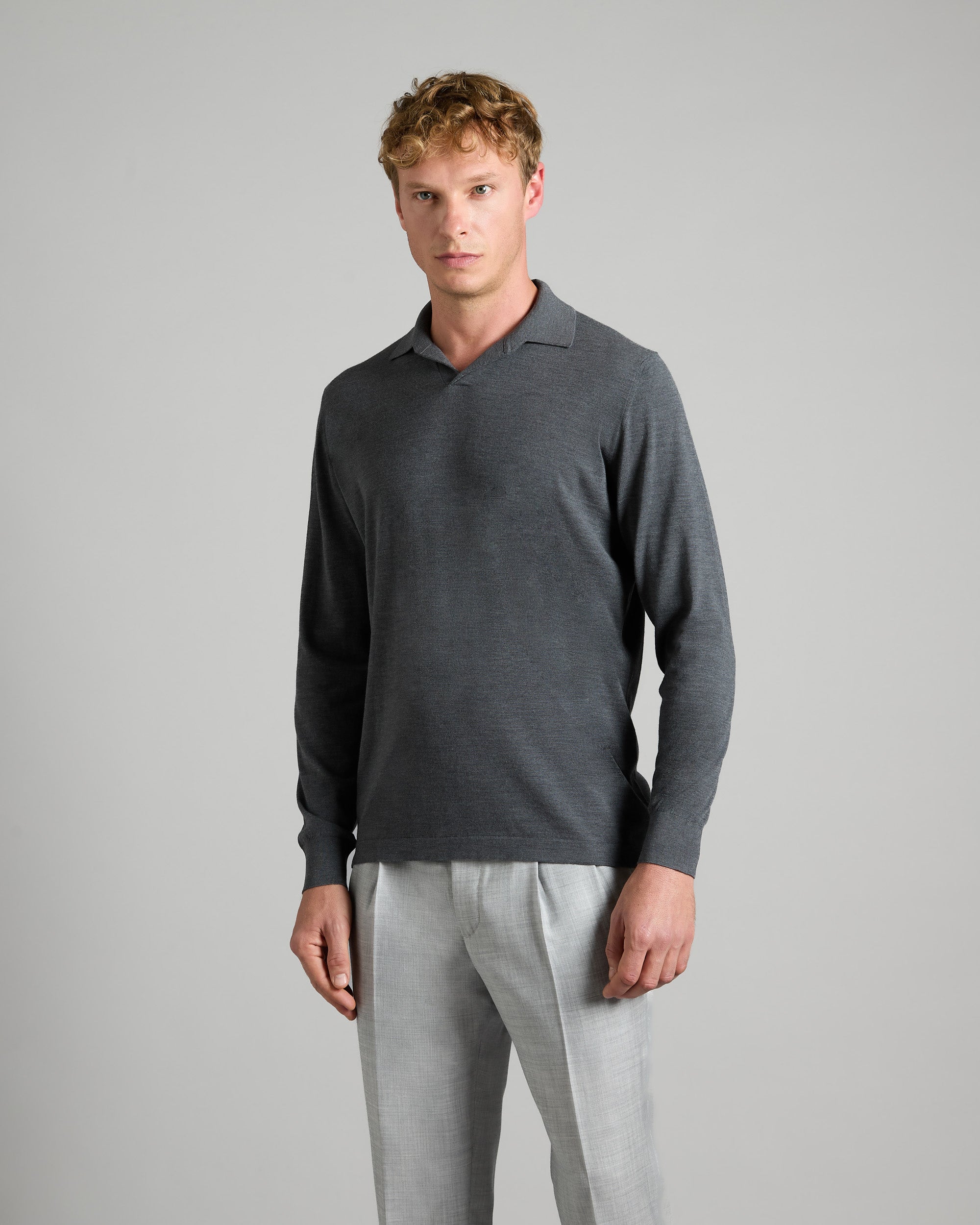 Wind neck Polo shirt in melange gray Kid wool 12.8