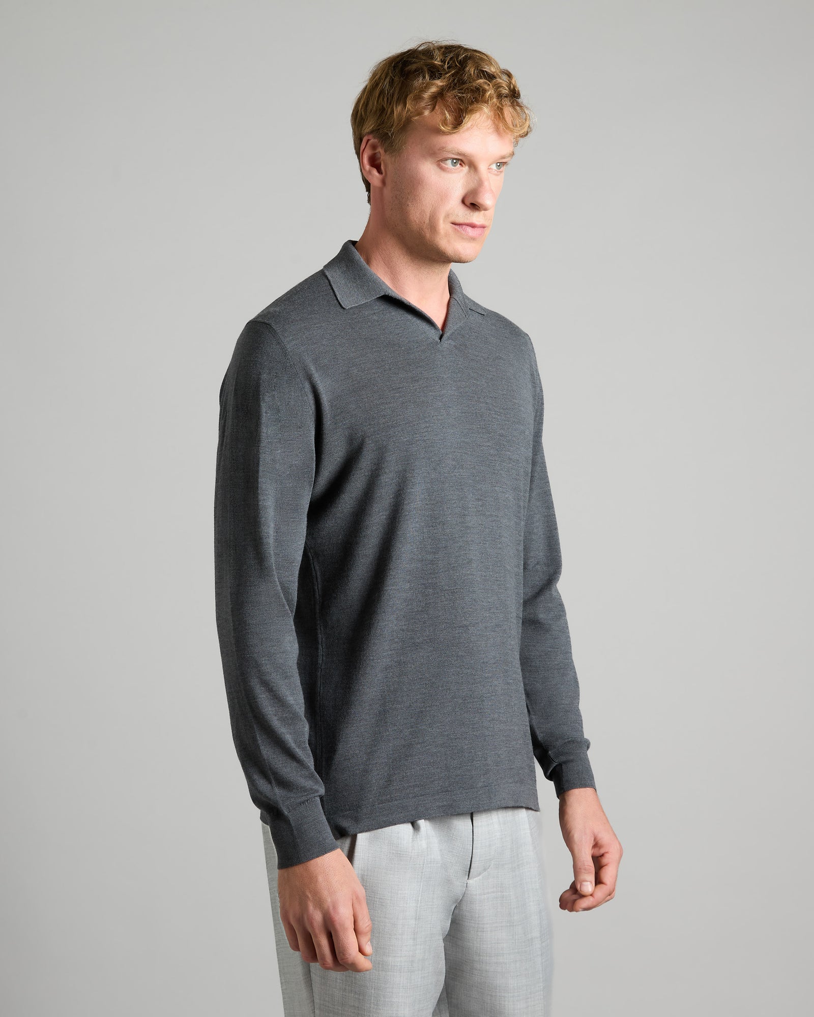 Wind neck Polo shirt in melange gray Kid wool 12.8