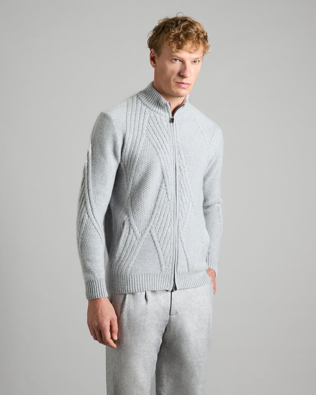 Gray kid cashmere zipped cardigan