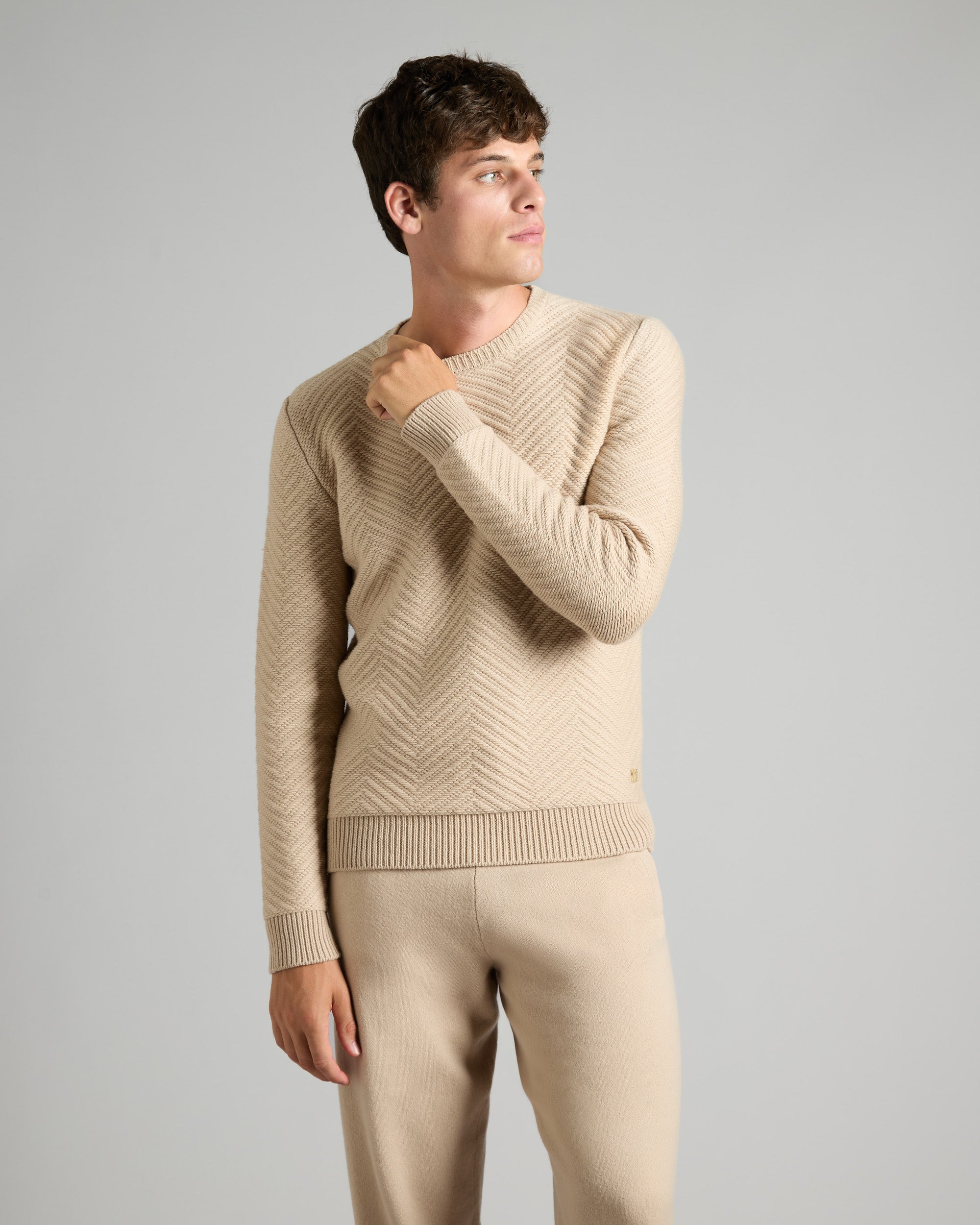 Beige round neck sweater with geometric pattern in kid cashmere 2