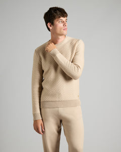 Beige round neck sweater with geometric pattern in kid cashmere 2