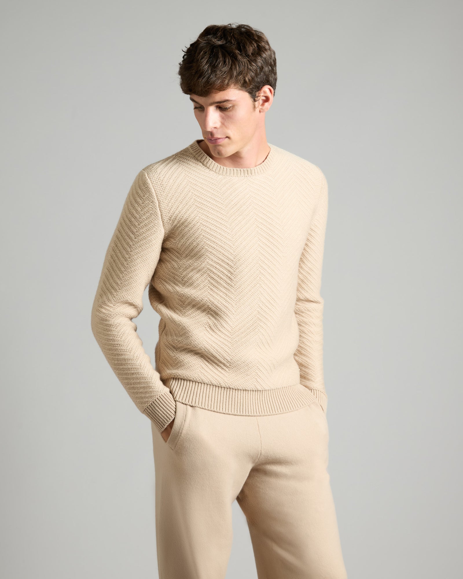 Beige round neck sweater with geometric pattern in kid cashmere