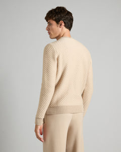 Beige round neck sweater with geometric pattern in kid cashmere 4