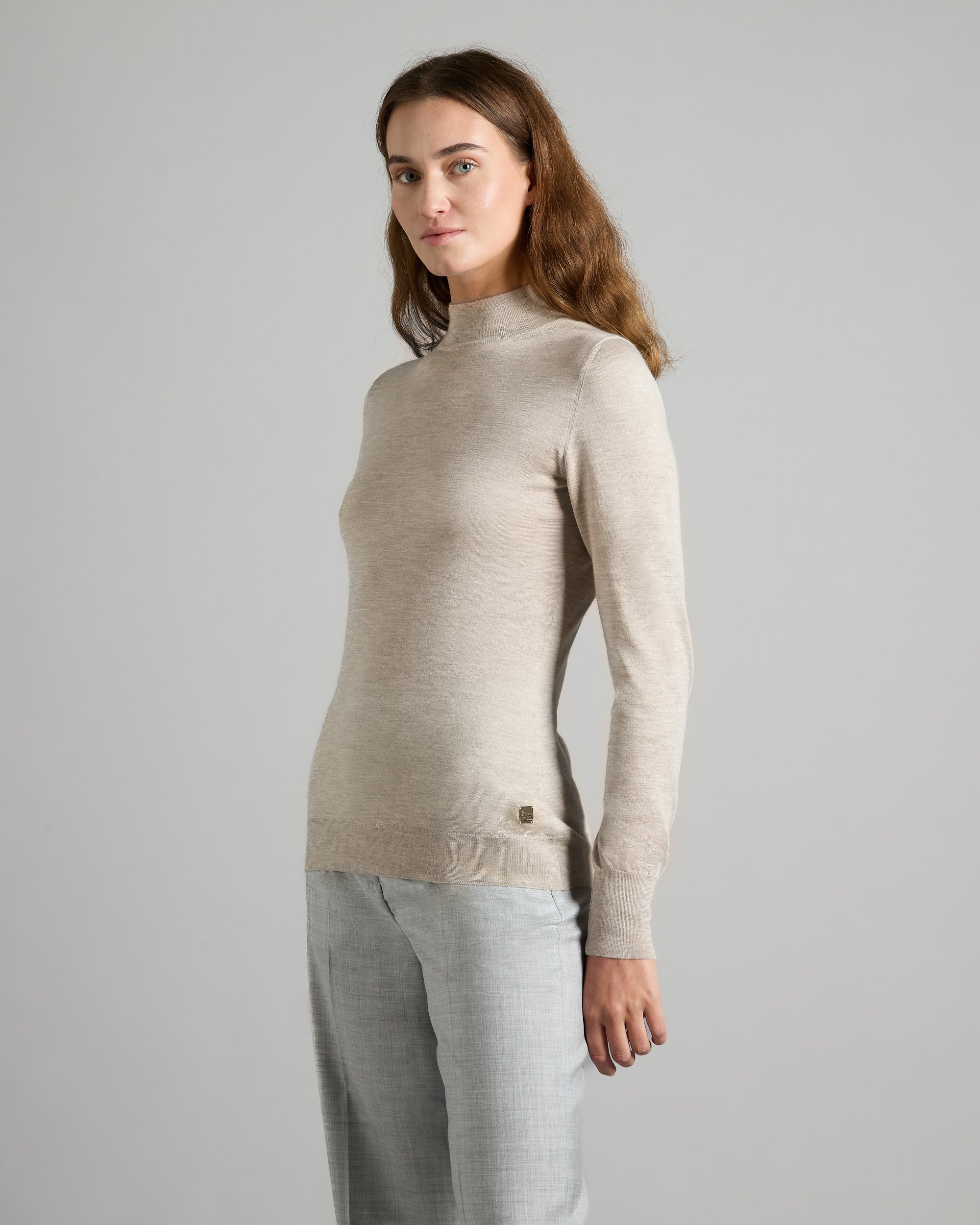 Beige cashmere and silk chimney collar sweater