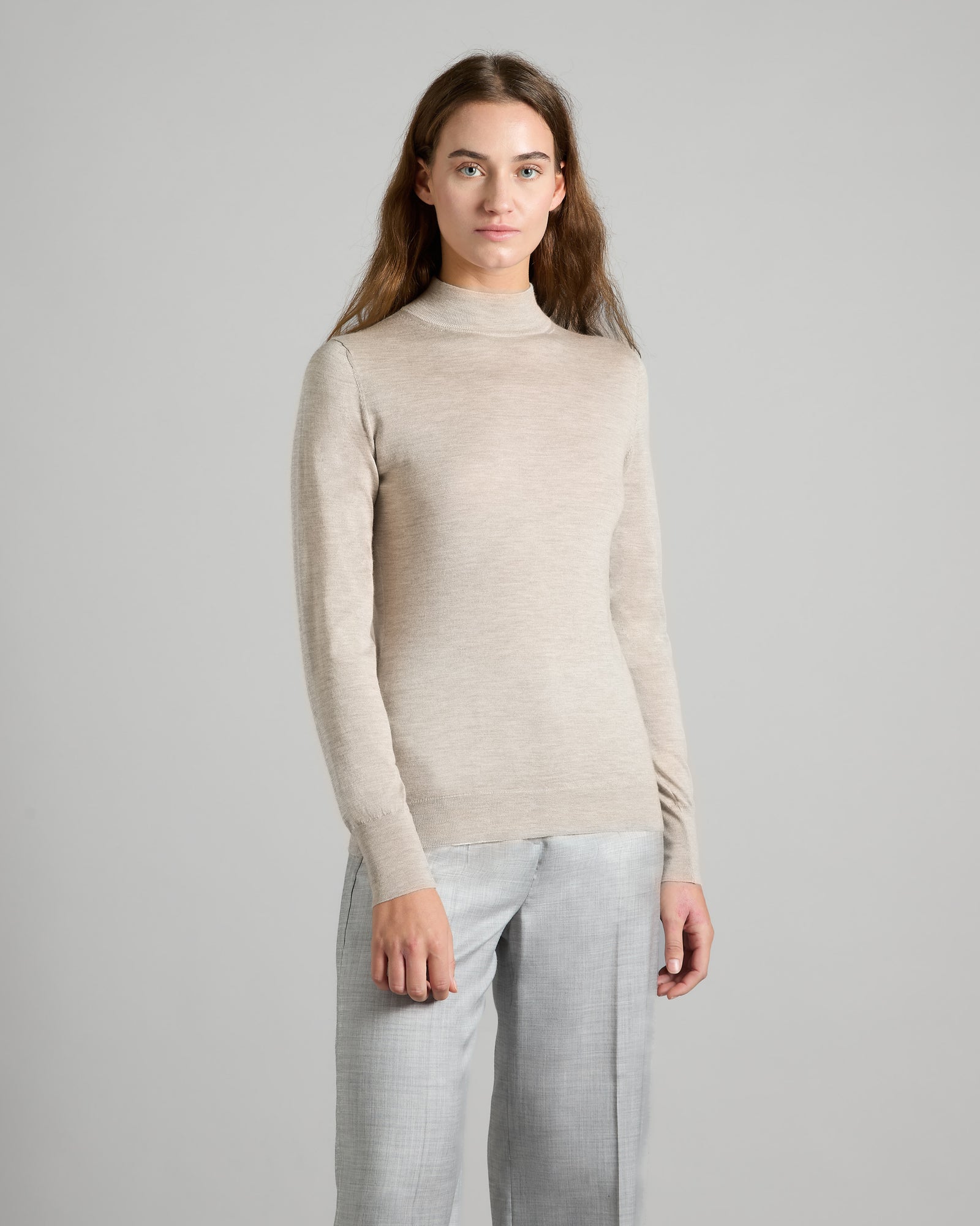 Beige cashmere and silk chimney collar sweater
