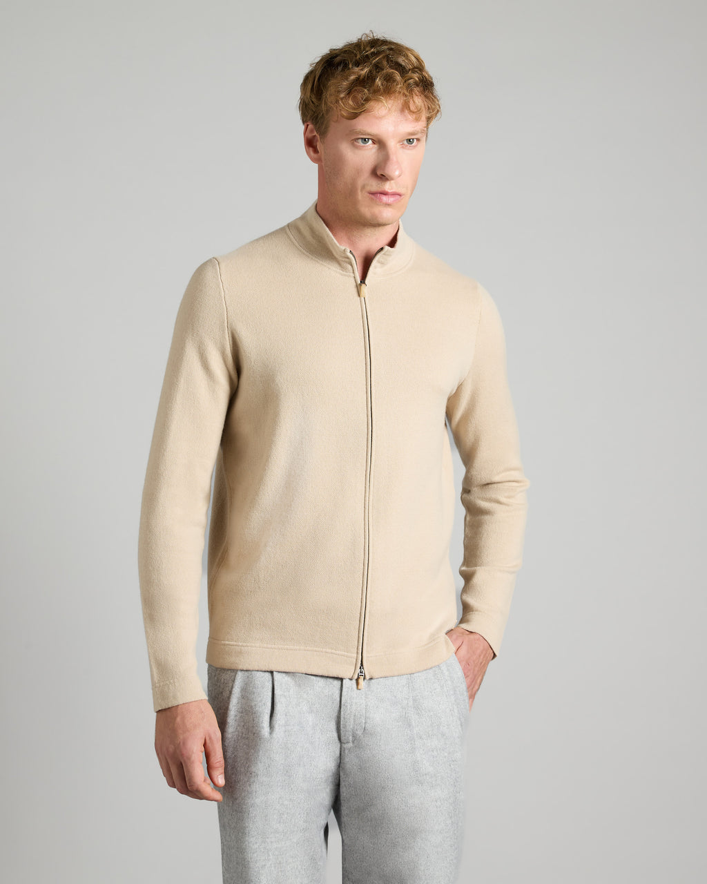 Beige Kid cashmere zipped cardigan