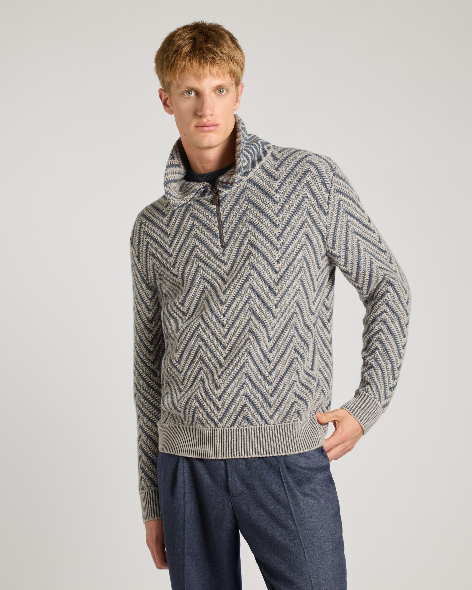 Two-tone Chevron high-neck sweater in Kid Cashmere 2