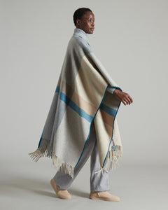 Checked double Cashmere cape with fringes