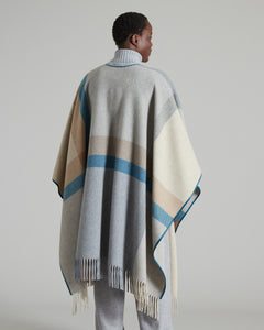 Checked double Cashmere cape with fringes