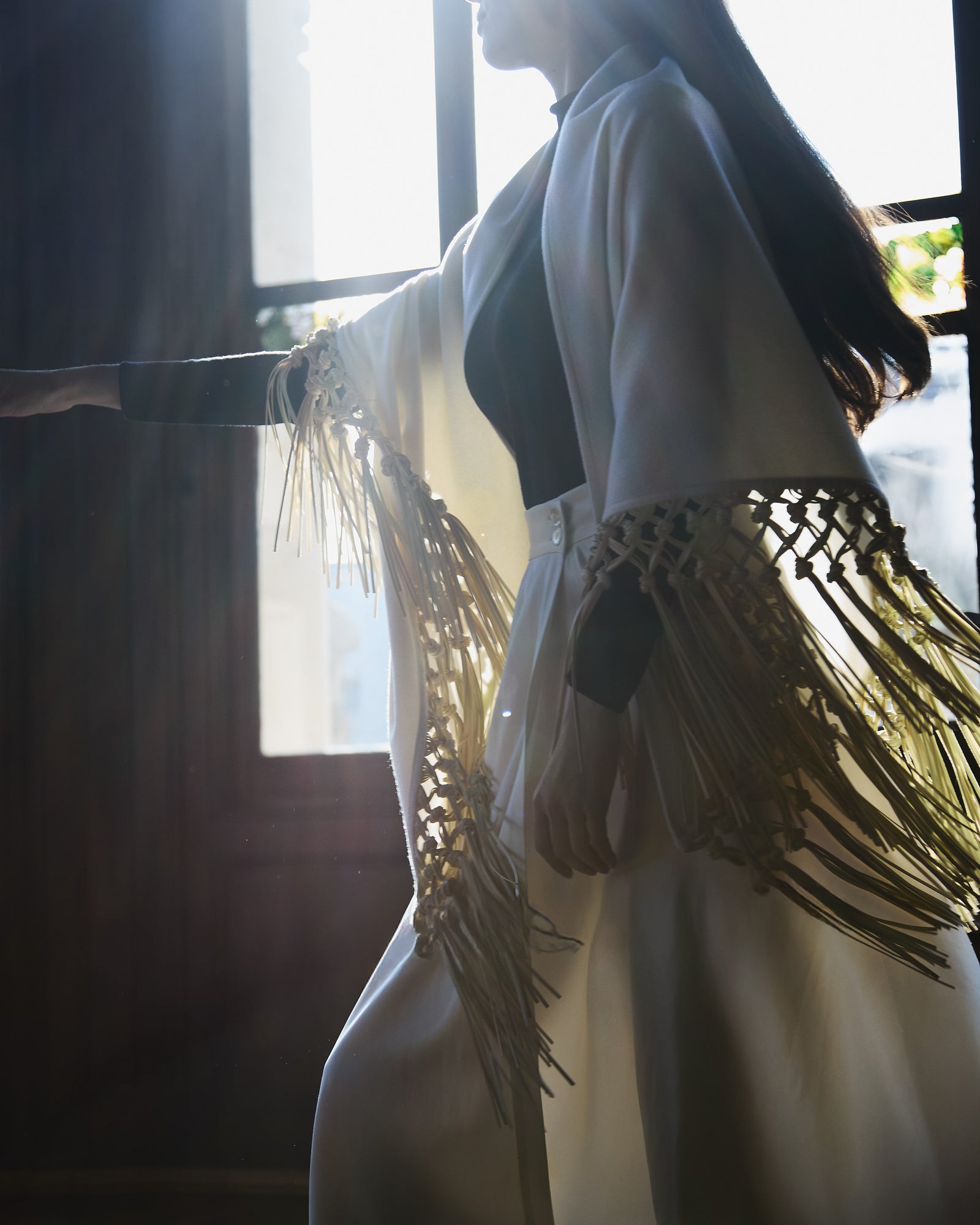 White Double Cashmere Shawl With Leather Fringes