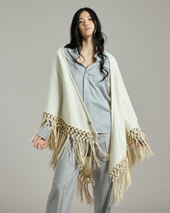 White Double Cashmere Shawl With Leather Fringes