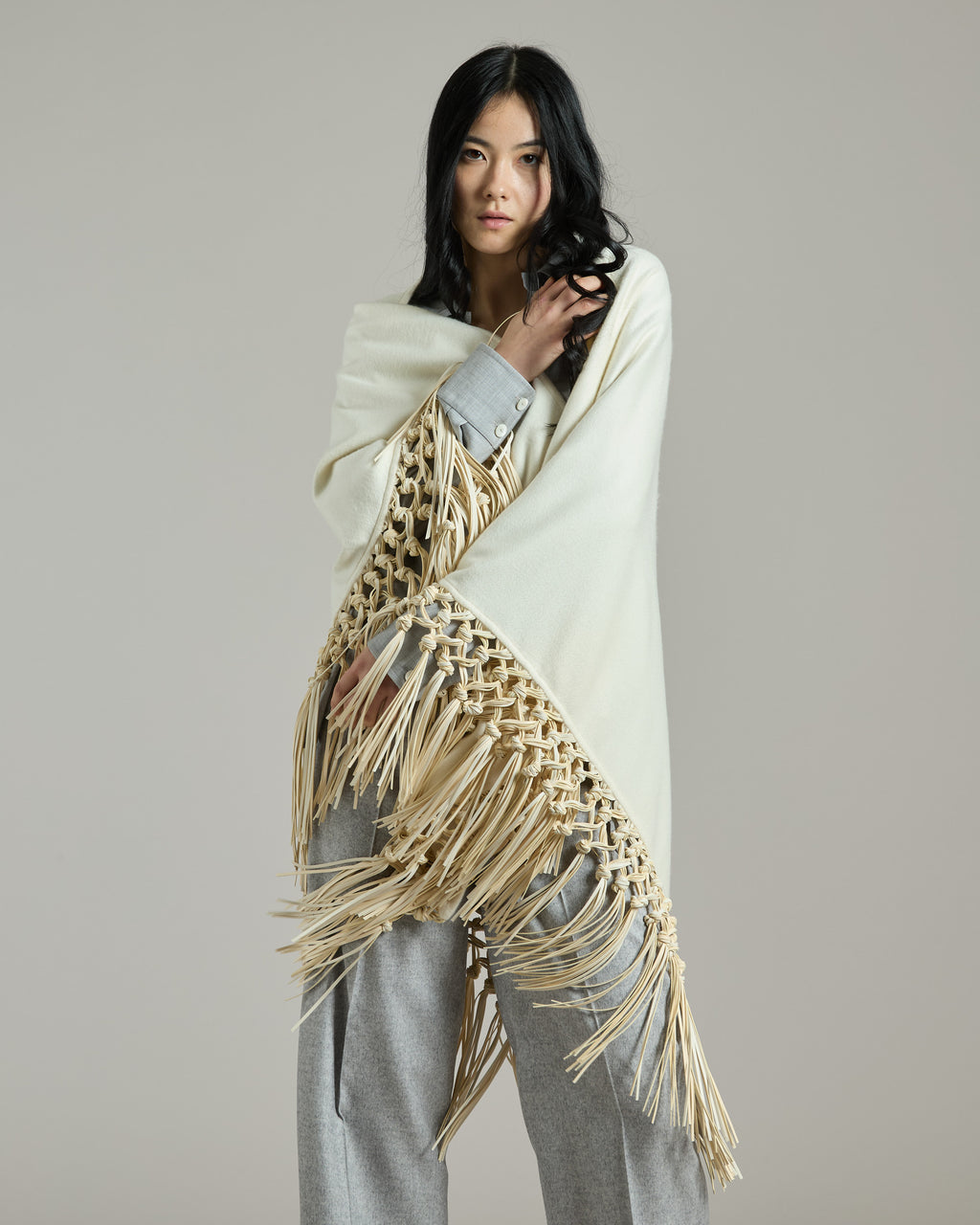 White Double Cashmere Shawl With Leather Fringes