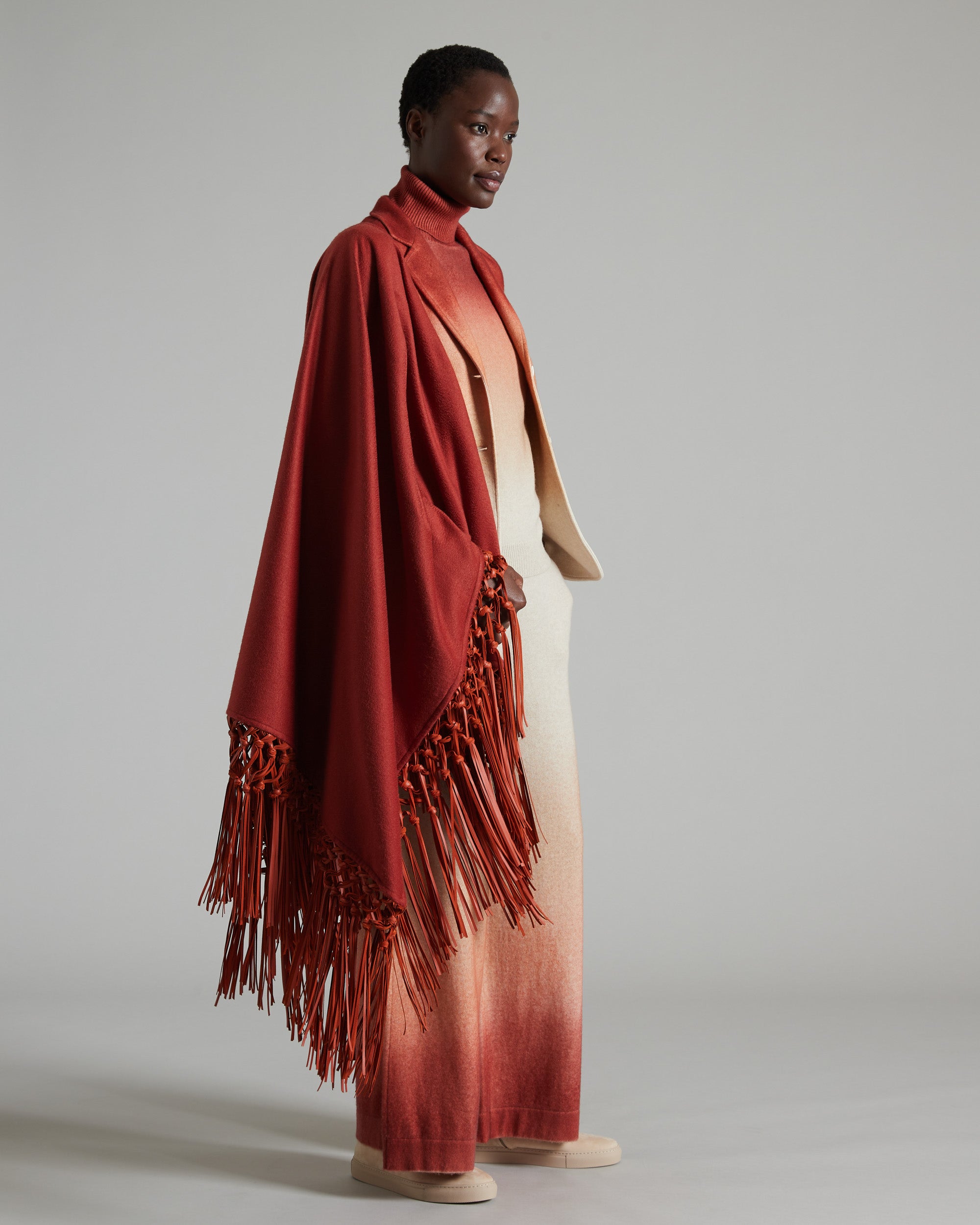 Red Triangle Cashmere Shawl With Leather Fringes