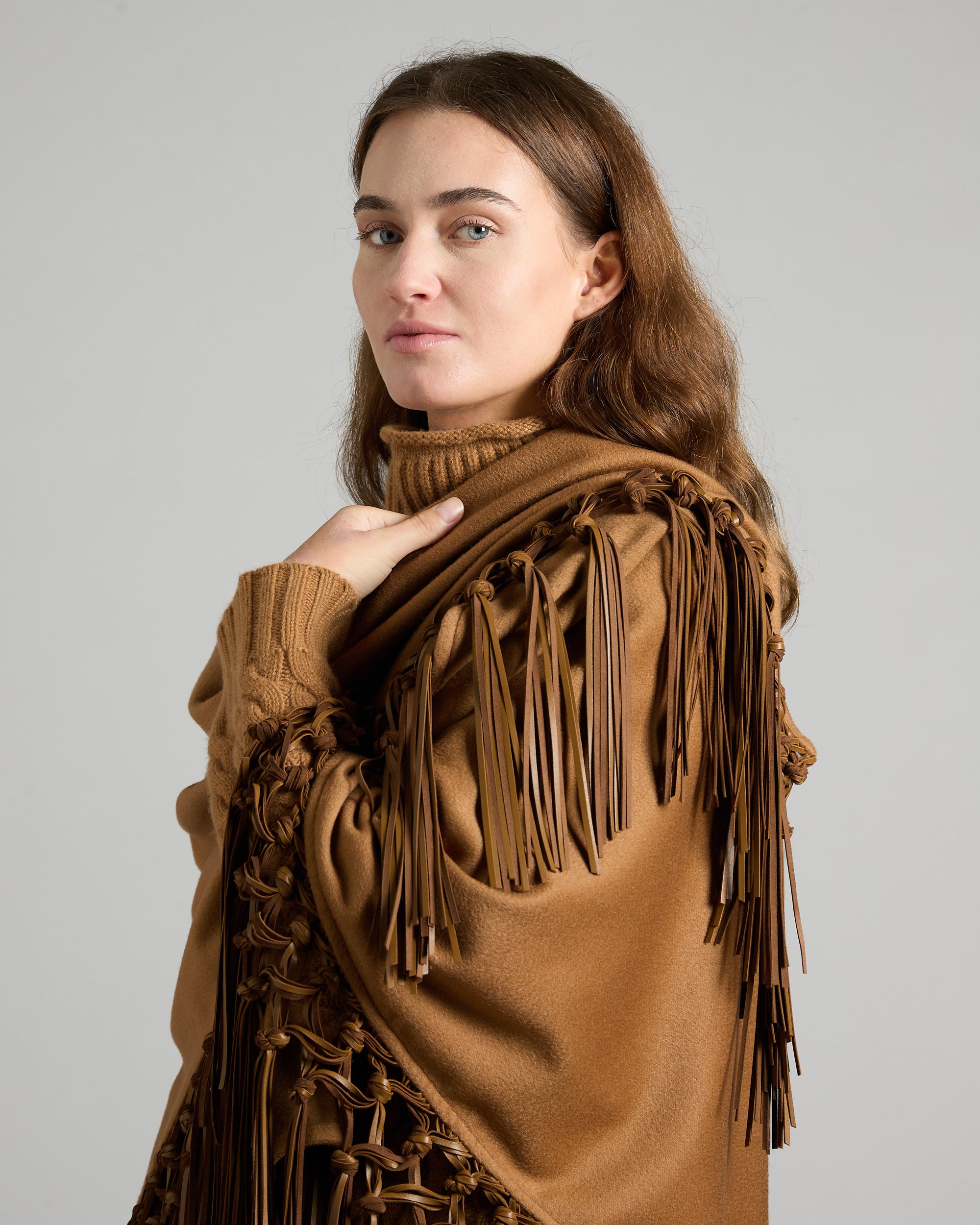 Brown Cashmere double Shawl With Leather Fringes 3