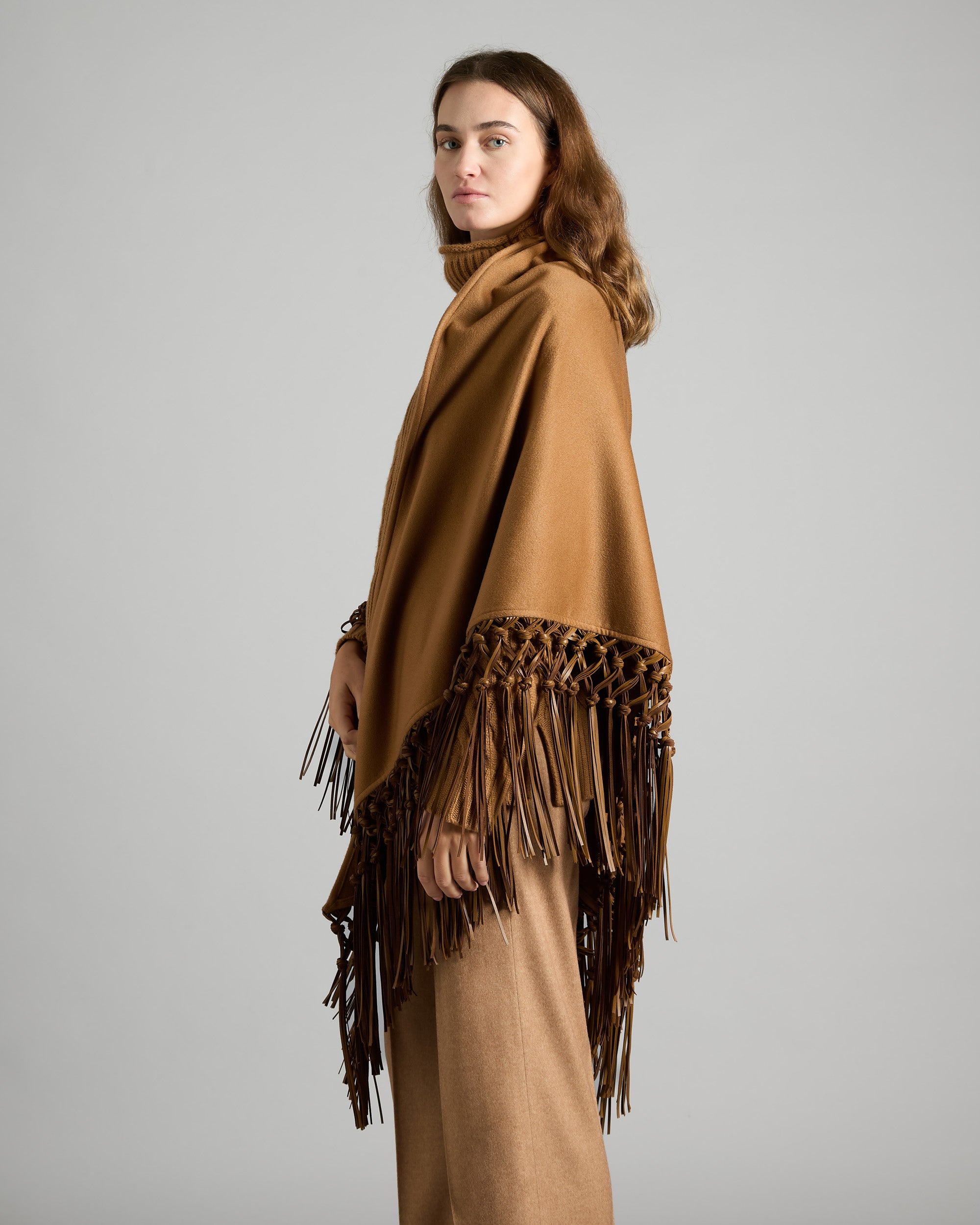 Brown Cashmere double Shawl With Leather Fringes 2