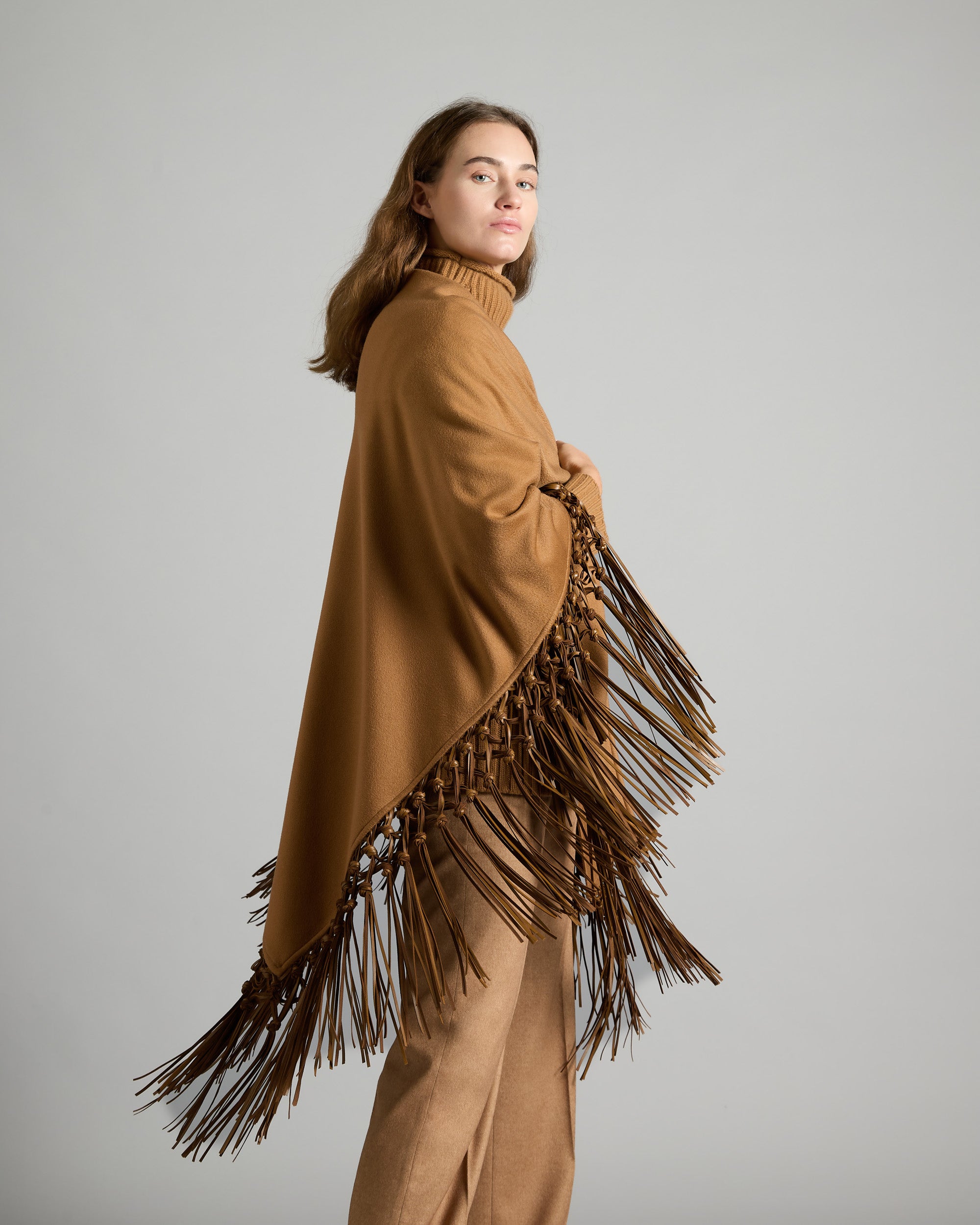 Brown Cashmere double Shawl With Leather Fringes