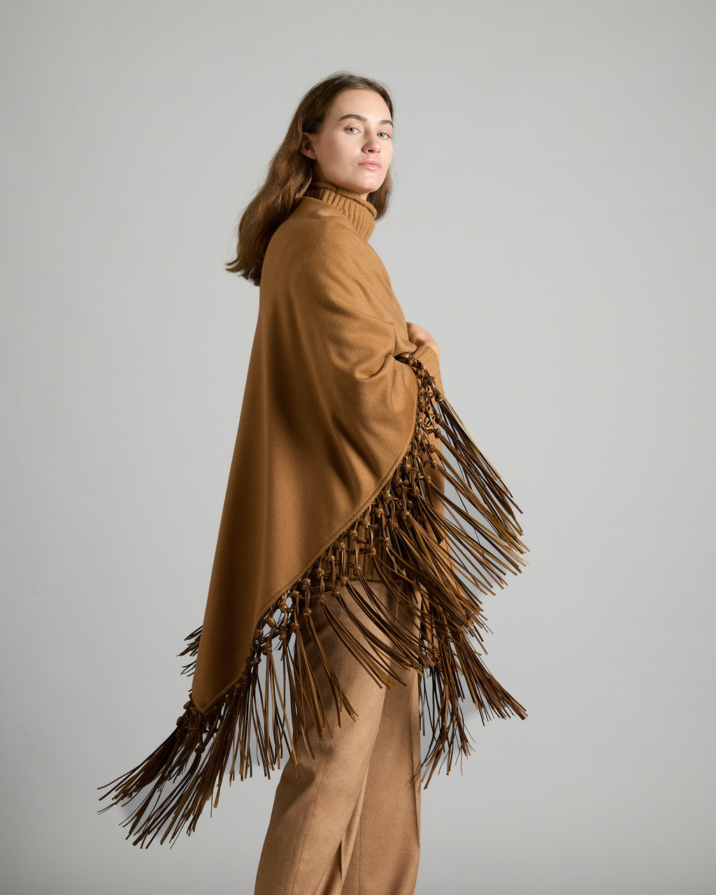 Brown Cashmere double Shawl With Leather Fringes