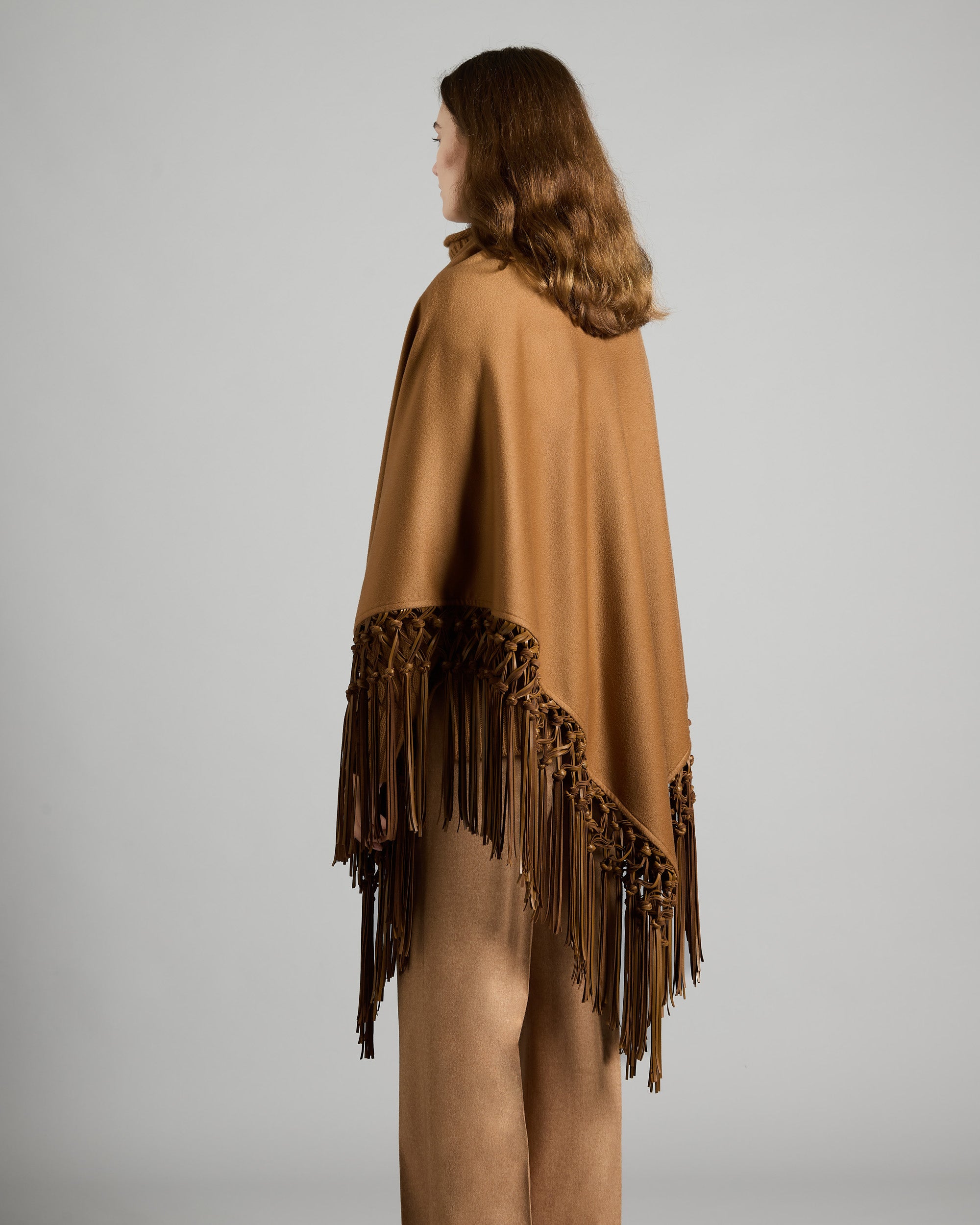 Brown Cashmere double Shawl With Leather Fringes 4